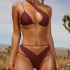 Strappy Thong Bikini Bottoms In Brown -Neena Swim NS0011 NS0085 5 Carmella Ballena Brown Asymmetric Bikini Top High Waist Strappy Bikini Bottoms