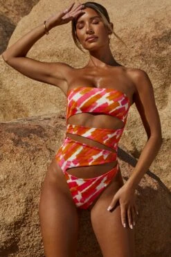 Cut Out Strapless Thong One Piece In Pink Print 16 Cut Out Strapless Thong One Piece In Pink Print -Neena Swim NS0151 3 Pink Print Strapless One Piece Swimsuitcopy