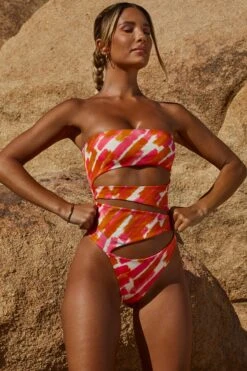 Cut Out Strapless Thong One Piece In Pink Print 18 Cut Out Strapless Thong One Piece In Pink Print -Neena Swim NS0151 5 Pink Print Strapless One Piece Swimsuitcopy