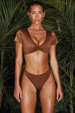 Twist Crop Top In Brown 15 Twist Crop Top In Brown -Neena Swim NS0172 NS0182 2 Malosi Luanda Brown High Waisted Bikini Bottoms Twist Crop Top