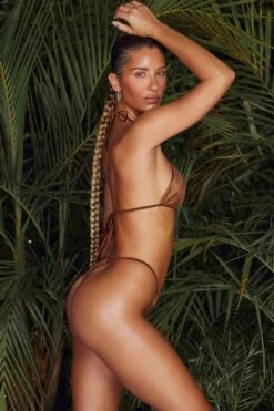 Ruched Thong Bikini Bottoms In Brown -Neena Swim NS0174 NS0236 9 Olaga Halia Brown Ruched Bikini Bottoms Triangle Bikini Top