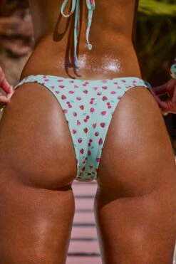 Micro Low Dipped Cheeky Bottom In Mint Fruit Print -Neena Swim NS0324 NS0325 6 Mint Fruit Print Micro Scoop Bandeau Top Micro Low Dipped Cheeky Bottoms