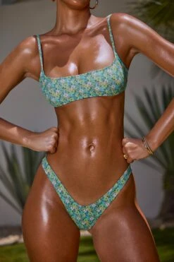 Micro Scoop Bandeau Top In Turquoise Floral Print -Neena Swim NS0324 NS0325 6 Turquoise Floral Print Micro Scoop Bandeau Top Micro Low Dipped Cheeky Bottom