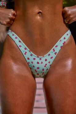 Micro Low Dipped Cheeky Bottom In Mint Fruit Print -Neena Swim NS0324 NS0325 7 Mint Fruit Print Micro Scoop Bandeau Top Micro Low Dipped Cheeky Bottoms