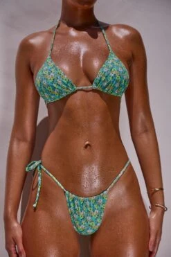 Ruched Tie Side Bottom In Turquoise Floral Print -Neena Swim NS0328 NS0330 9 Turquoise Floral Print Triangle Bikini Top Ruched Side Tie Cheeky Bottoms